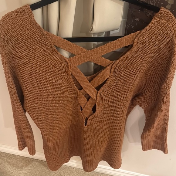 Express Brown V-Neck Sweater with Elegant Back Detail - Picture 3 of 3